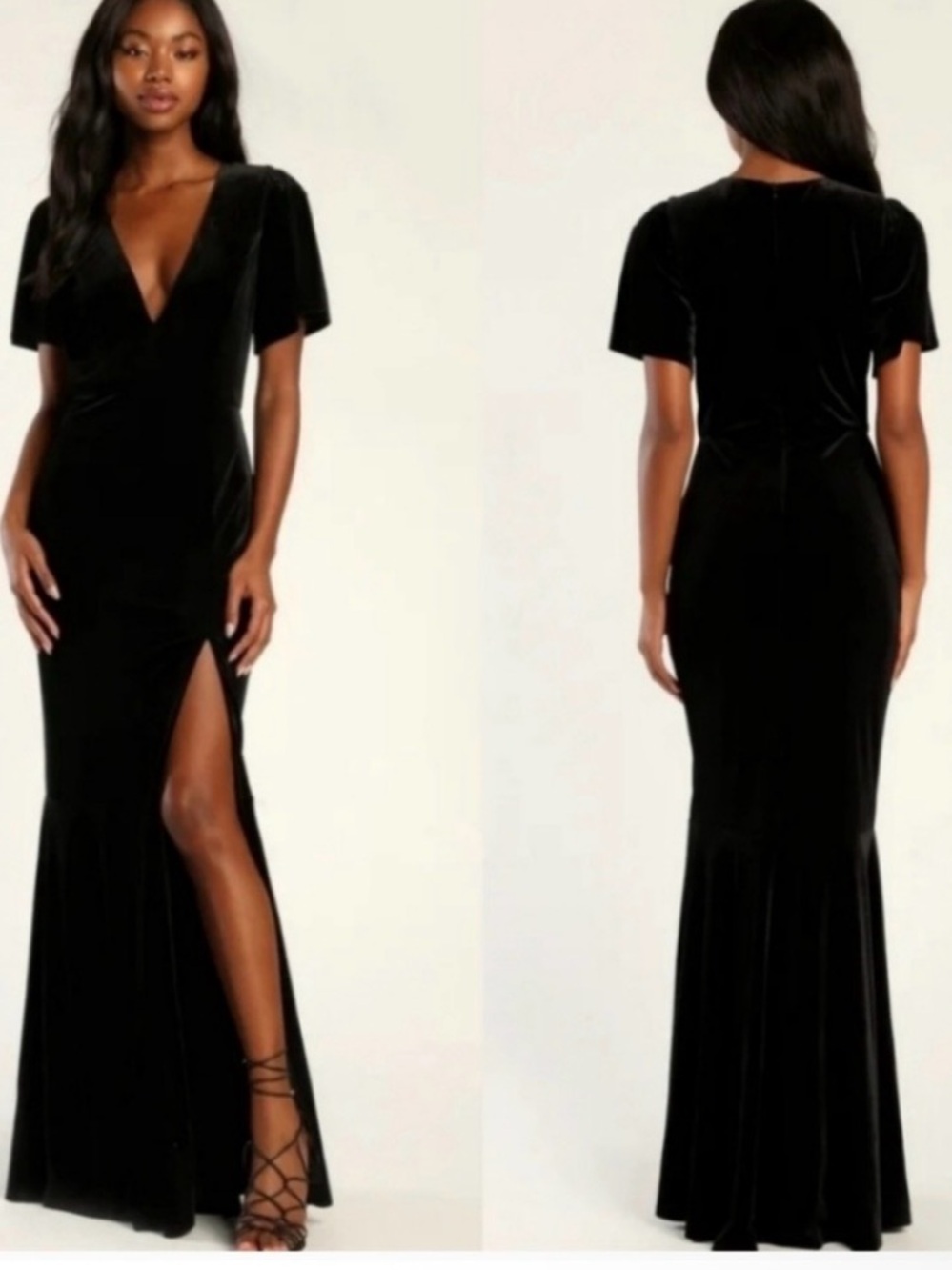 Lulus Elegant Evenings Black Velvet Flutter Sleeve Trumpet Maxi Dress - Size 1X